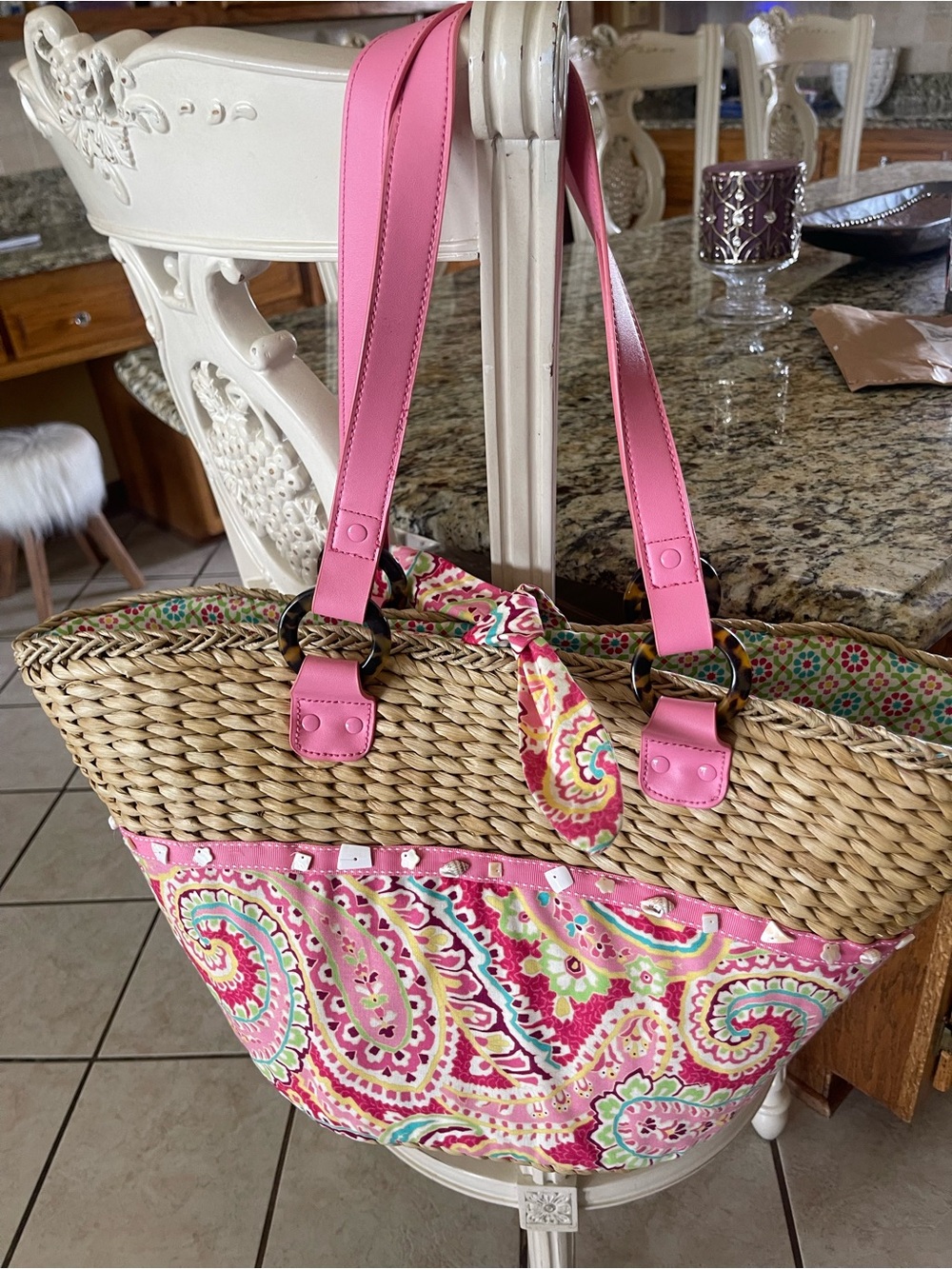 Vera Bradley Pink Paisley Woven Straw Tote Bag with Pink Handles